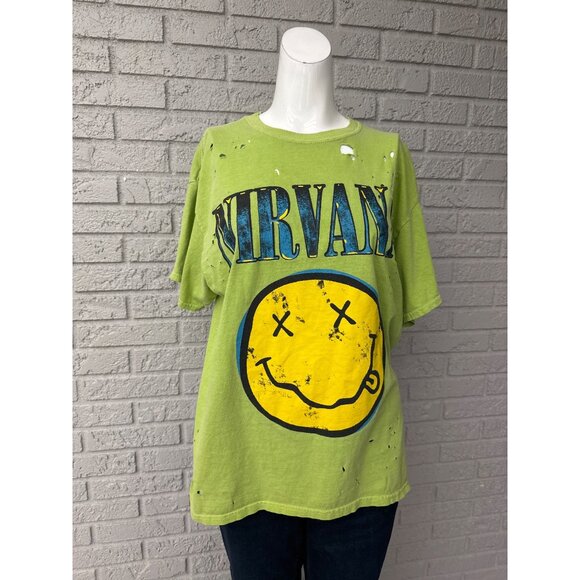 Nirvana Women Green Distressed  Short Sleeve T-Shirt Size M - Picture 5 of 7